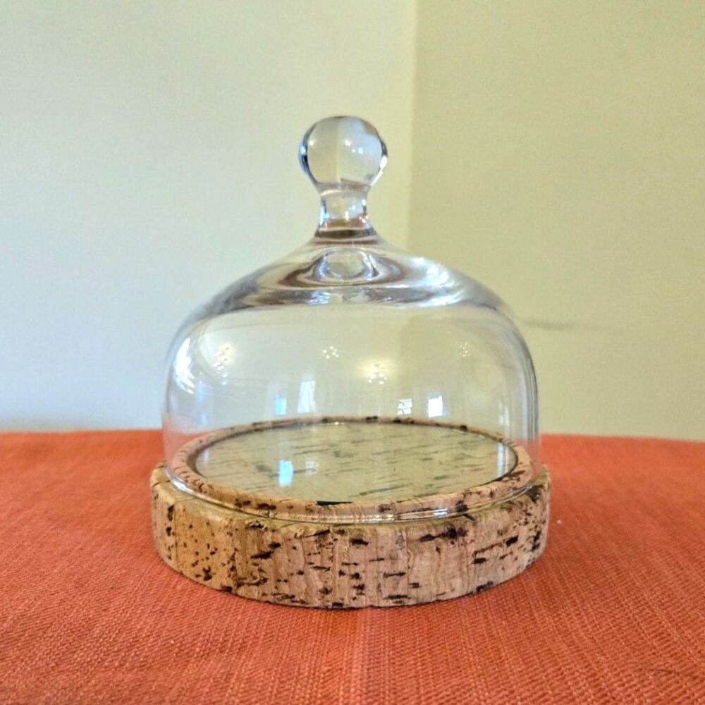 Vintage Glass Cloche Cheese Dome With Glass Plate Overlay and Cork Base Small
